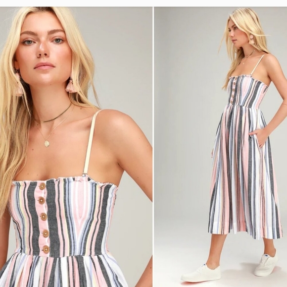 Free People Blue and Red Buttoned Midi Sundress - Picture 1 of 5
